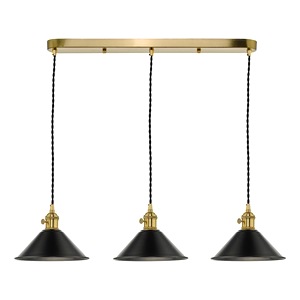 Breakfast Bar Ceiling Pendant Dar Hadano Three Light Natural Brass, Pewter Shades