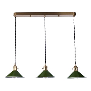 Breakfast Bar Ceiling Pendant Dar Hadano Three Light Natural Brass, Olive Shades