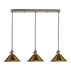 Breakfast Bar Ceiling Pendant Dar Hadano Three Light Antique Chrome, Brass Shades