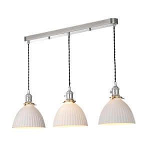 Breakfast Bar Ceiling Pendant Dar Hadano Three Light Antique Chrome, Ceramic Domed Shade