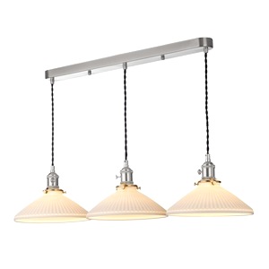 Breakfast Bar Ceiling Pendant Dar Hadano Three Light Antique Chrome, Ceramic Shallow Shade