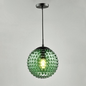 Industrial Ceiling Pendant Lamp Dar Hobnail, Matt Black, Green Glass
